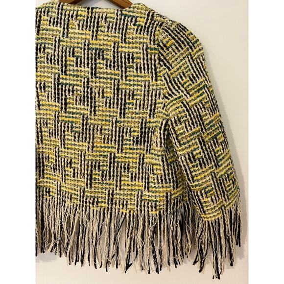 Emin and Paul Tweed Fringe Yellow Green Black Lady Jacket Wool Blend EUC Crop S - Picture 8 of 10